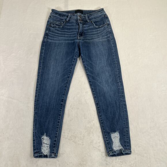 Buckle Black Jeans Womens 27 Curvy Ankle Skinny Distressed Frayed Hem Stretch - Picture 1 of 16